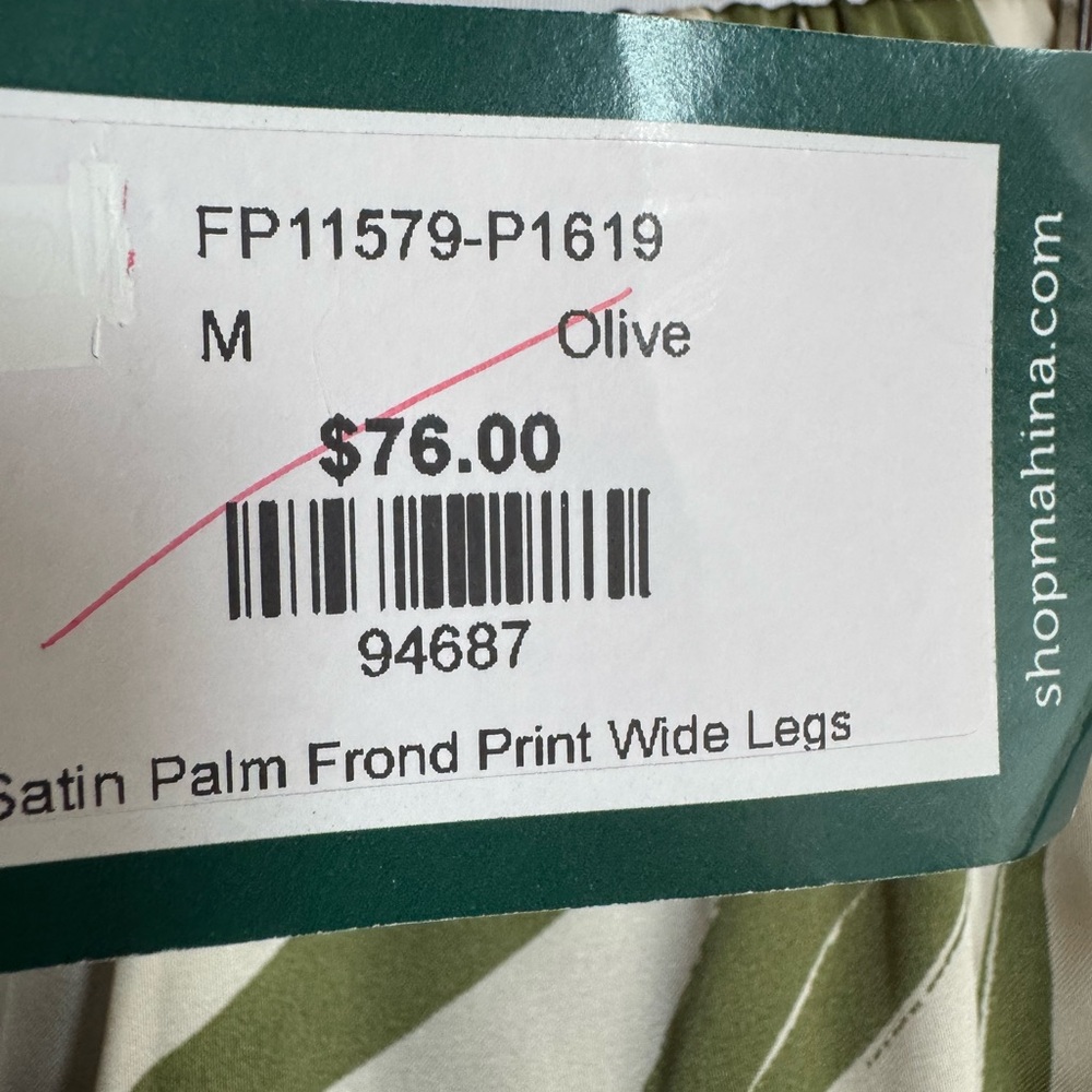 Mahina Palm Leaf Satin Baggy Pants NWT - Picture 4 of 8